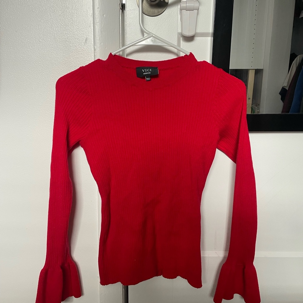 Vici Red Fitted Bell Sleeve Blouse